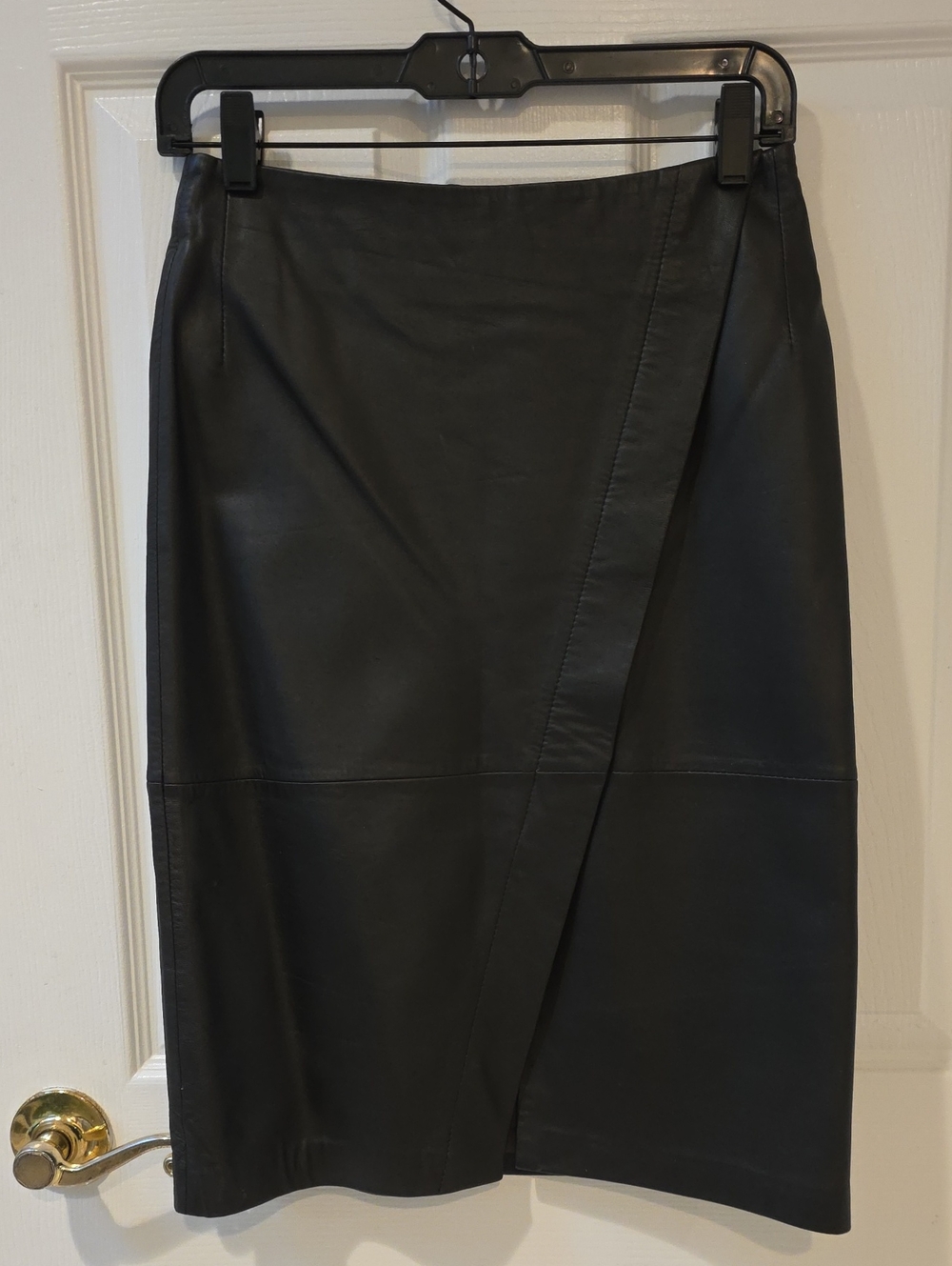 Just Female Dark Chocolate Genuine Leather Pencil Skirt with Wrap Detail